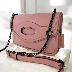 Coach Foldover Cut Out Clutch Crossbody Carnation Pink Leather Bag Chain Strap